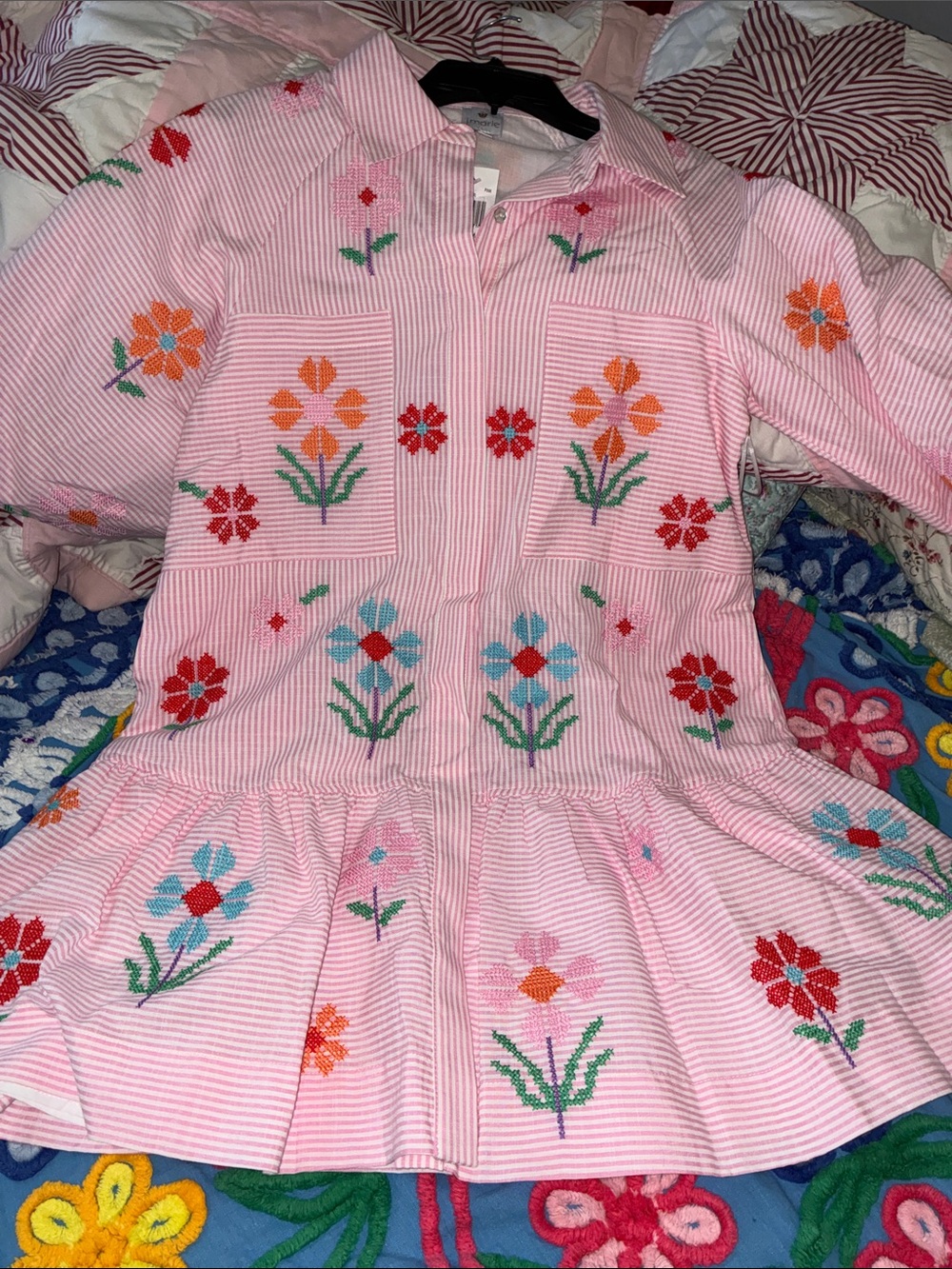 NWT J. Marie Piper Dress Pink Embroidered Floral Button-Down Sz M
